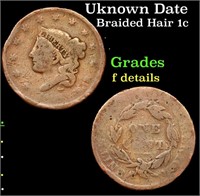 Uknown Date Braided Hair Large Cent 1c Grades f de