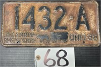 1938 Ohio License Plate 150th Ann. of NW Territory