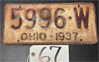 1937 Ohio License Plate