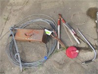 Roll of cable, limb loppers, metal toolbox, misc