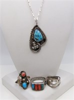 SOUTHWEST STYLE NECKLACE & (3) RINGS
