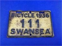 Swansea 1936 Bicycle License Plate