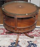 round mahogany 2 tier leather top table with glass