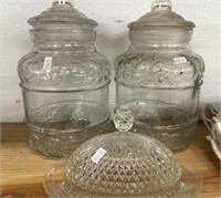 2 Glass Cookie Jars, Covered Dish