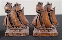 Syroco Carved Wood Ship Bookends (2)