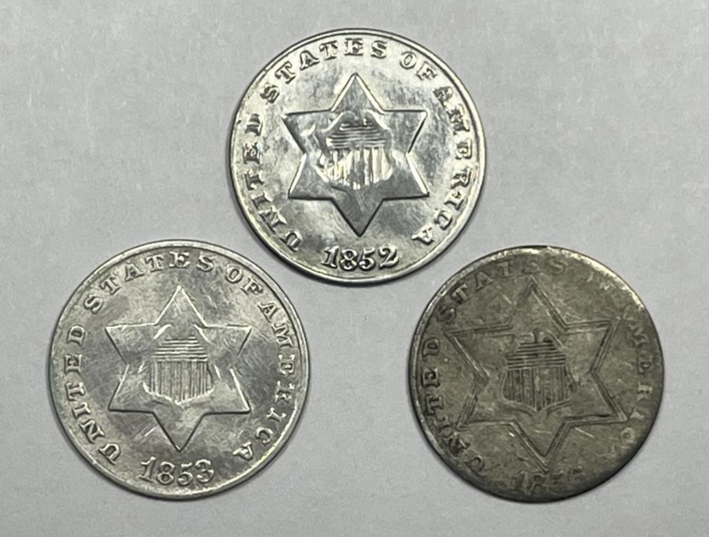 1852 1853 1856 Three Cent Silver Trio