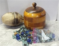 COVERED WOODEN BOWL, MARBLES & MORE