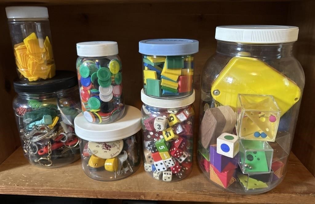 Jars of goodies - die, poker chips, keychains,