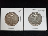 2 Walking Liberty Halves 1947 & 1947 D Silver