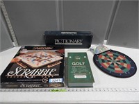 Pictionary, Scrabble, Golf putting game and sticky