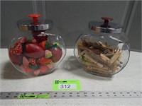 2 Canisters with clothespins and faux strawberries