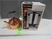 West Bend 12-30 cup coffeemaker; copper tea kettle