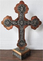 Copper and Metal Cross on Stand.