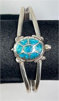 Sterling Turquoise Chip Inlay Turtle Cuff 18 Grams