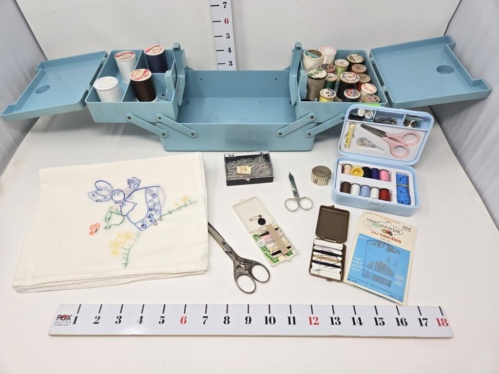 Sewing Box w/ Contents & Embroidered Towel