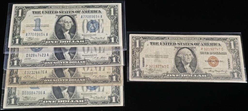 (1) $1 HAWAII NOTE, (4) $1 SILVER CERTS FUNNYBACKS