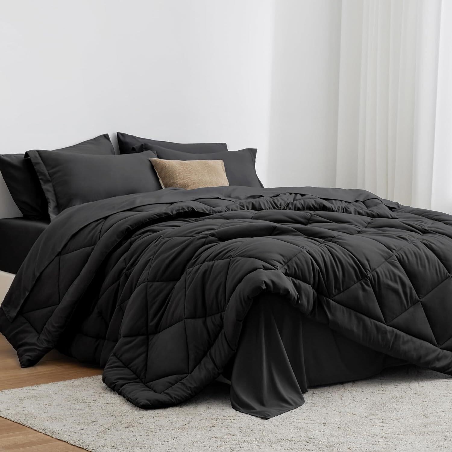 Queen Comforter Set Black  7pc Bed in a Bag