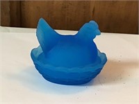 SATIN BLUE GLASS MINIATURE HEN ON NEST