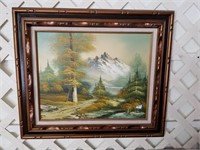 0IL ON BOARD FRAMED WILDERNESS PICTURE- SIGNED