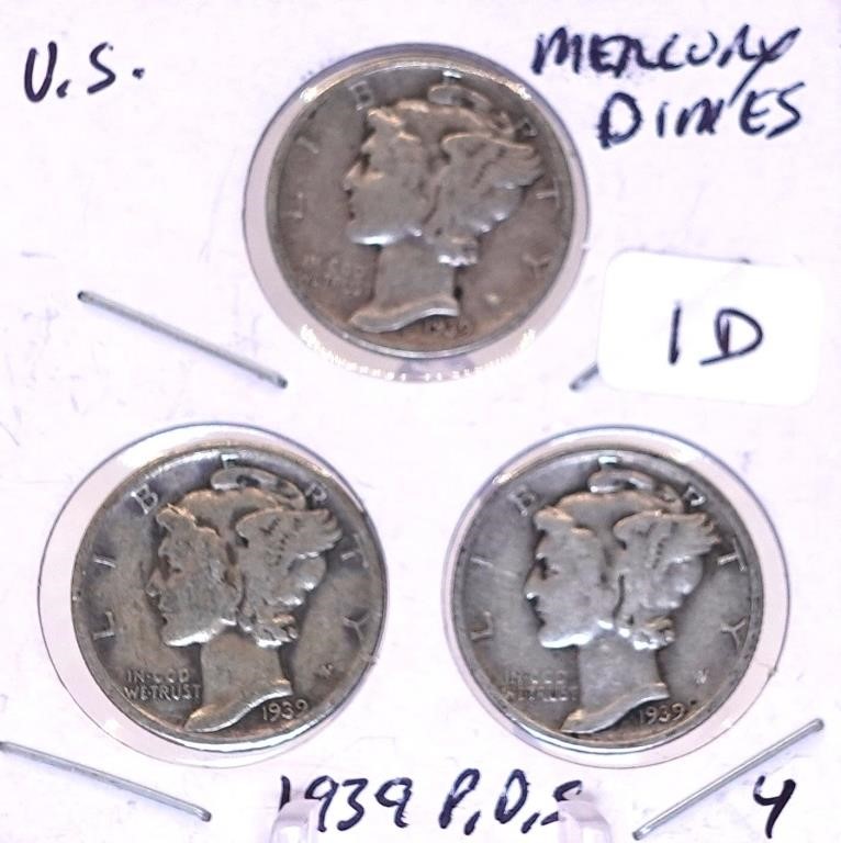 1939 P, D, S Mercury Dime Set