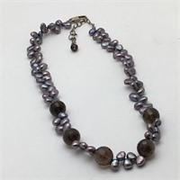 Dark Pearl & Glass Bead Necklace W Sterling Clasp