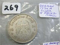 German 1934A Silver 5 Reichsmark Coin