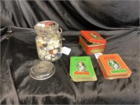 VINTAGE LOT / BUTTON JAR & COCA-COLA CARDS / TIN