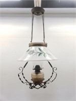 Antique Victorian brass & glass hanging oil lamp