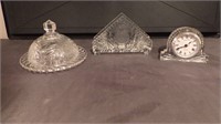 Crystal Napkin Holder, Clock & Butter Dish