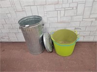 Metal trash can and plastic buckets