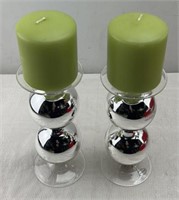 PAIR OF DOUBLE GLOBE CANDLE HOLDERS & 2 GREEN