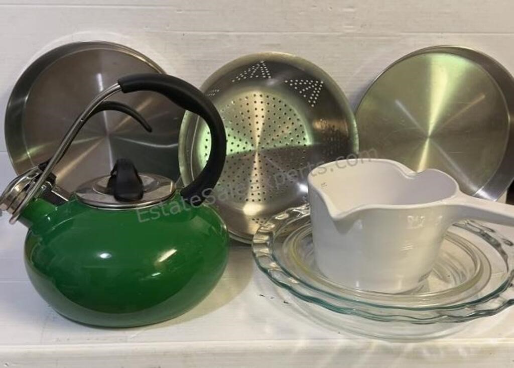 Clear Glass Pie Plates, Water Kettle, Colandar,