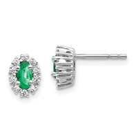 14k-Diamond and Emerald Oval Halo Earrings