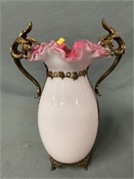 Cased Pink & White Ruffled Edge Vase Ornate Holder