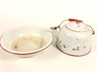 Red and White Enamel Teapot & Bowl