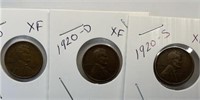 OF)3 Lincoln wheat pennies1920 XF 1920-d XF 1920-s