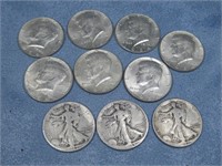 7 1964 Kennedy & Walking Half Dollars 90% Silver