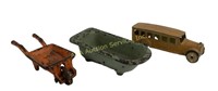 (3) cast iron toys wheelbarrow, bathtub, school