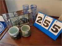 2--POTTERY CUPS, 2 --GLASS TUMBLERS & FRAME