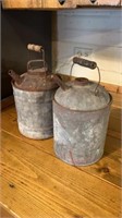 Vintage metal gas oil cans, wood handle, spouts,