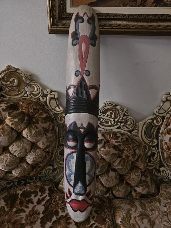 Tall Tribal Wall Mask, Carved Wood