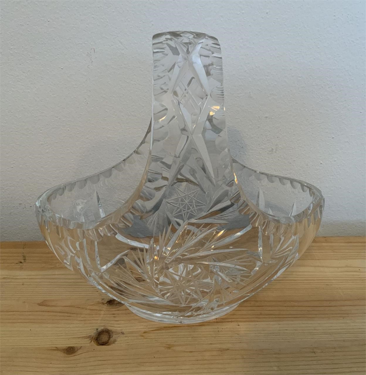 Vintage Crystal Clear Cut Glass Basket With Handle