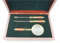 Wooden Box Set Pen/Rollerball & Magnifying Glass