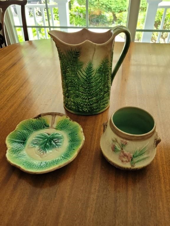 Majolica Pitcher and Plate plus Stoneware Bowl