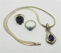 (3) Piece Sterling & Purple Rings & Necklace
