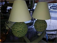 Pair woven green and cream lamps