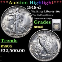 *Highlight* 1918-d Walking Liberty 50c Graded ms65