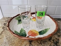Ceramic fruit plate, shot glasses
