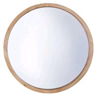 22" DIA Round MDF Wall Mirror, Natural Brown Frame