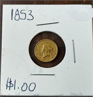 1853 US GOLD DOLLAR $1 (JEWELRY DAMAGE REVERSE)